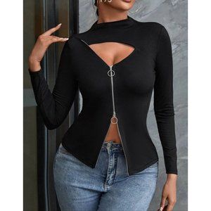 Shein black cut out O ring zip ribbed long sleeve- size XL